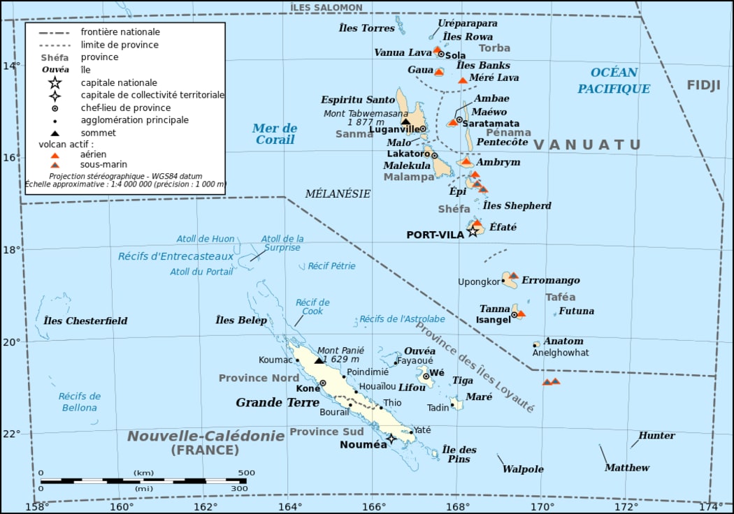 A map of Vanuatu and New Caledonia