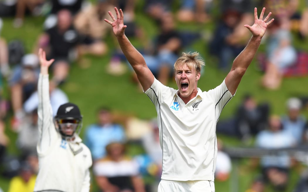Kyle Jamieson appeals unsucessfully on Day 1 of the 1st test match, New Zealand Black Caps v India. Basin Reserve, Wellington, New Zealand. Friday 21 February 2020. Â© Copyright Photo: Andrew Cornaga / www.photosport.nz