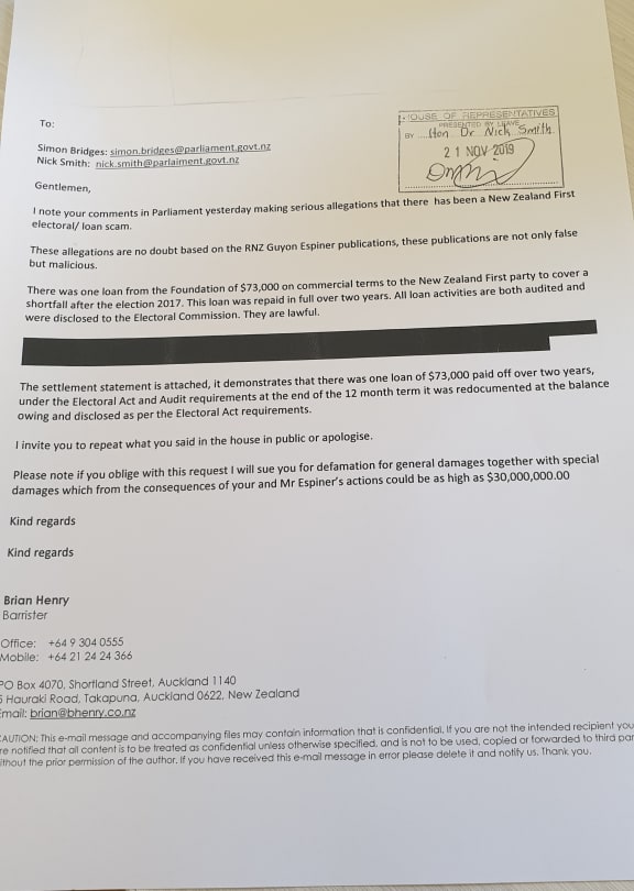 Letter from Brian Henry sent to National MP Nick Smith and leader Simon Bridges.