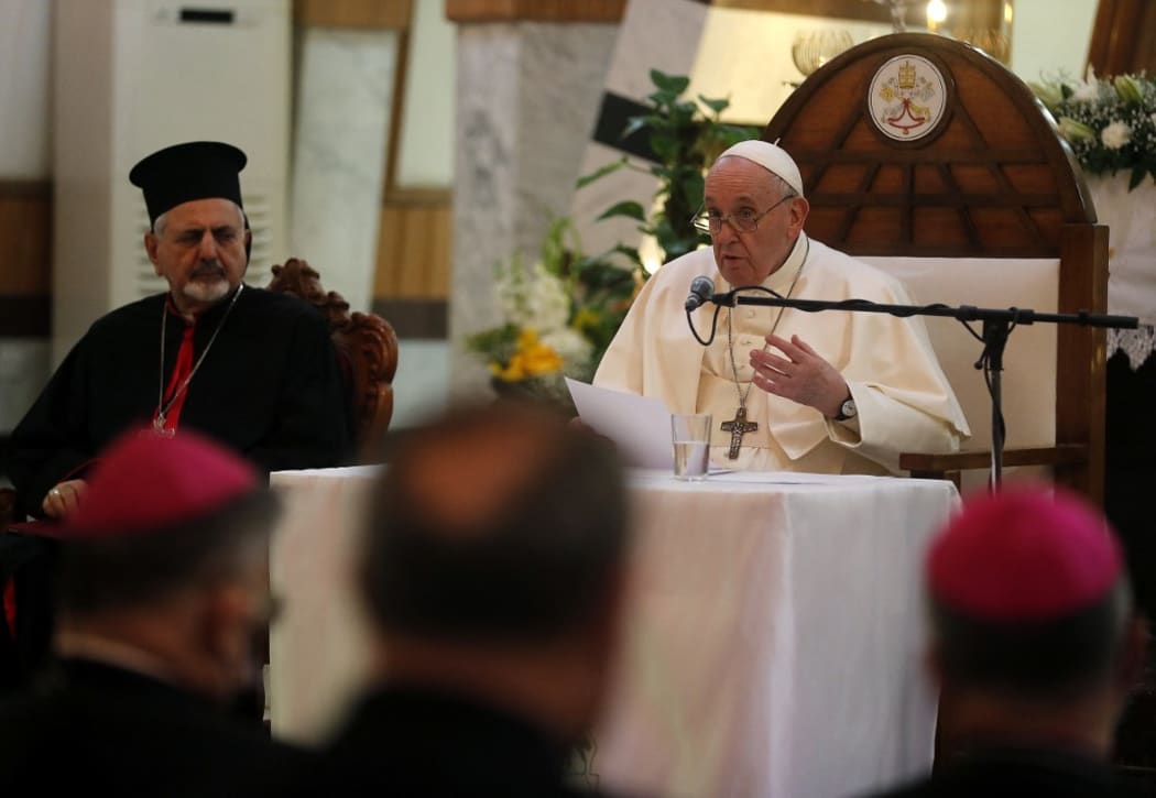 Pope Francis delivers a sermon at the Syro-Catholic Cathedral of Our Lady of Salvation (Sayidat al-Najat) in the capital Baghdad at the start of the first ever papal visit to Iraq on March 5, 2021.