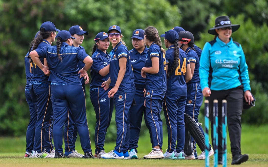 Pasifika Schoolgirls celebrate during the Pasifika Secondary Schoolgirls v NZ Maori Schoolgirls T20 cricket match at Shore Road Reserve, Parnell, Auckland, New Zealand on Tuesday 24 January 2023. Mandatory credit: Andrew Cornaga / www.photosport.nz