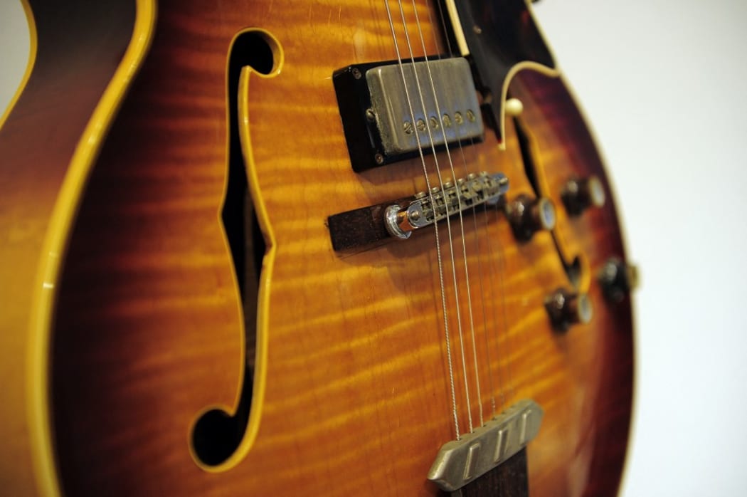 A vintage Gibson electric guitar is on display as part of US actor Richard Gere guitar collection set to go on sale at Christie's auction house, during a press preview in New York.