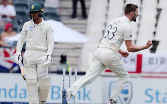 England fast bowler Mark Wood celebrates a wicket against South Africa.