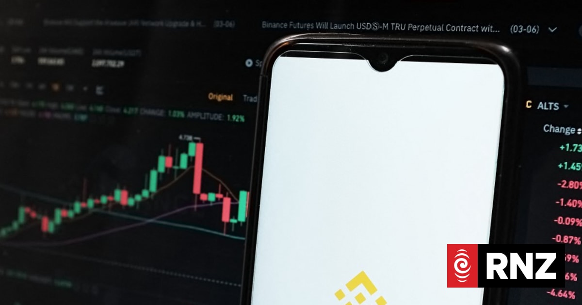 A Binance logo is seen displayed on a smartphone screen and an Exchange graph on a MacBook screen