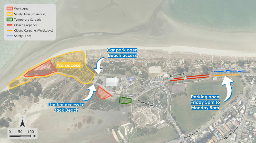 The areas that will be affected by the removal of contaminated sawdust from Tāhunanui’s Back Beach, which is set to begin in September.