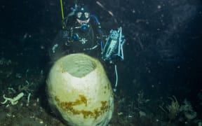 A diver in scuba gear resting above the muddy seafloor behind an off-white hollow cylinder structure that reaches his torso in height. The water is dark and there are other coral-esque structures littered over the seafloor.