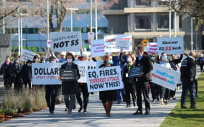 Protesters gather outside of the Canterbury Health Board corporate office on 20 August.