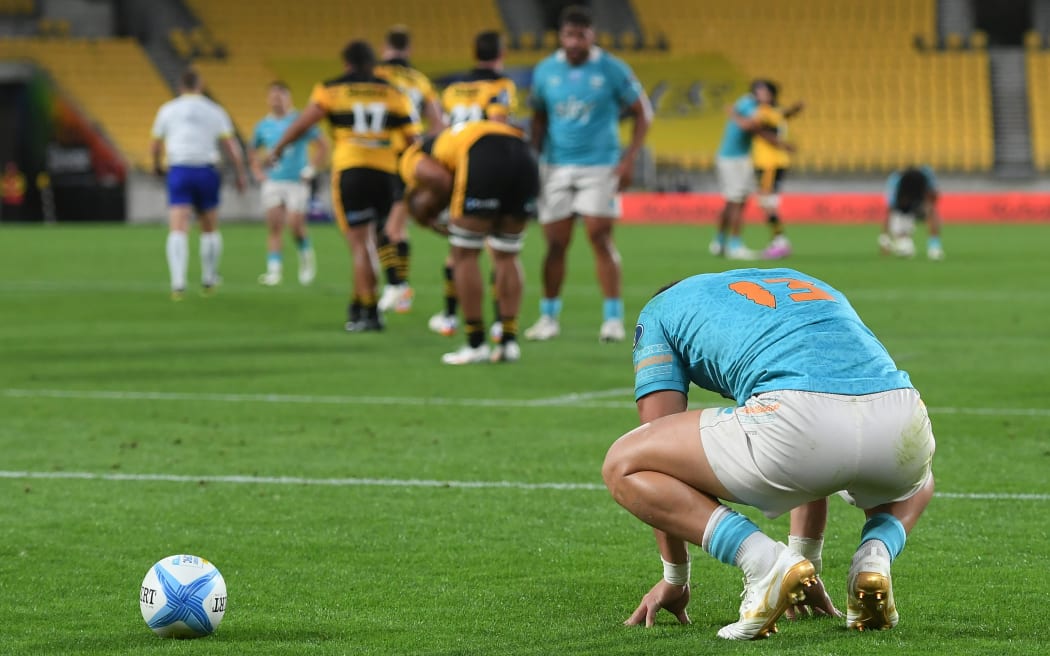 A dejected Moana Pasifika player Glen Vaihu.