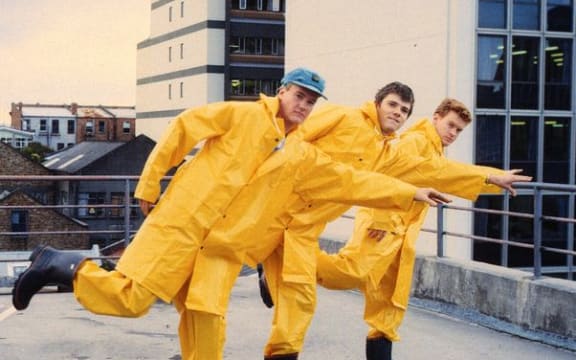 Blam Blam Blam: Mark Bell, Tim Mahon, Don McGlashan during the No Depression video shoot. On the rooftop of TVNZ Shortland Street.