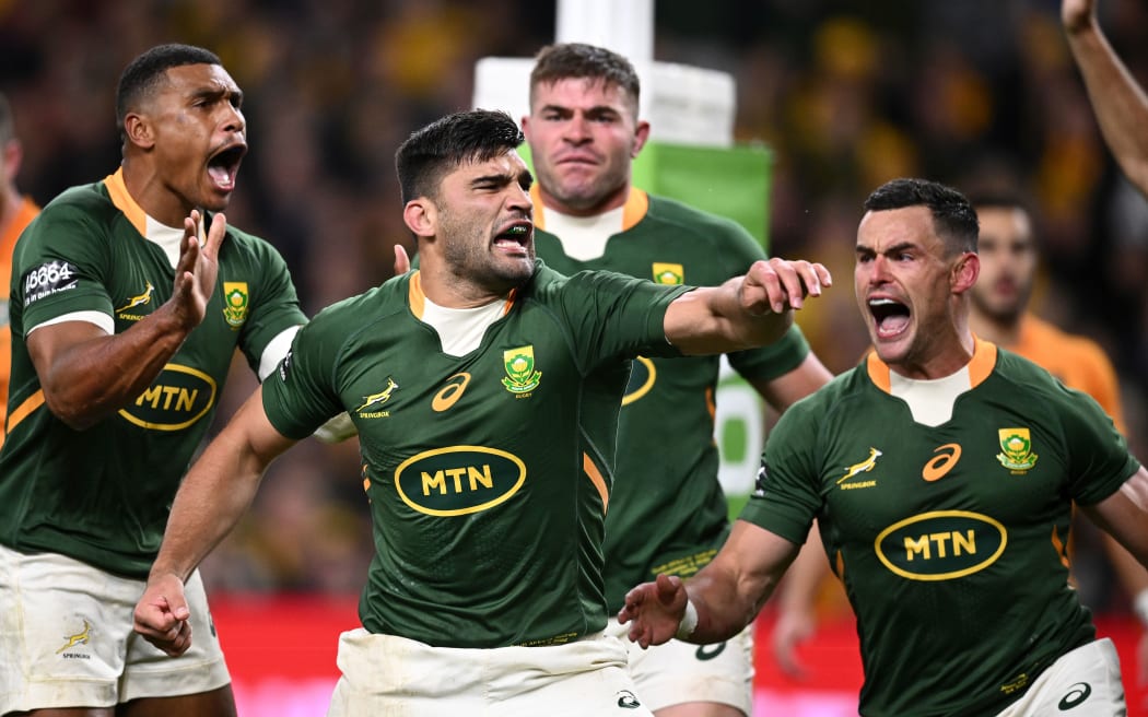 Damian de Allende of South Africa celebrates after scoring a try, Rugby Championship, 2022