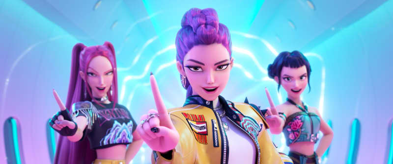 (Left to right) Mira (voice by MAY HONG), Rumi (voice by ARDEN CHO) and Zoey (voice by JI-YOUNG YOO).