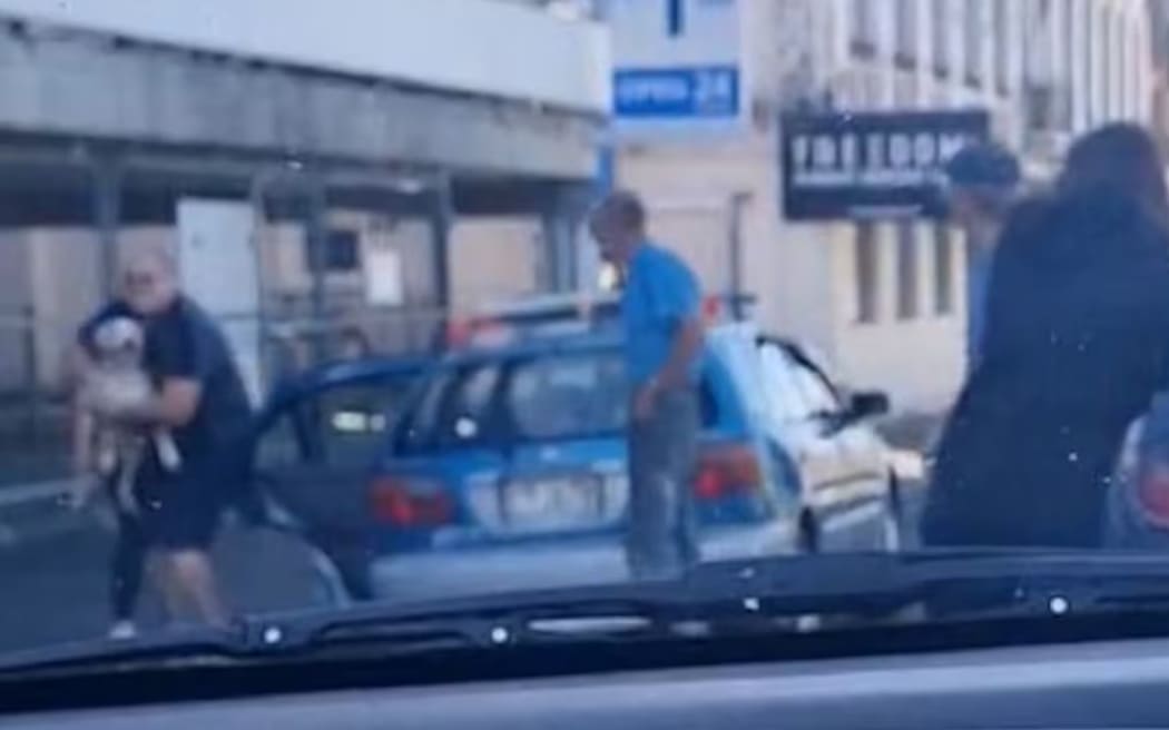 David Allan Devenport, pictured in the blue polo shirt at the rear of his vehicle, watched as a member of the public removed his dog from his car.