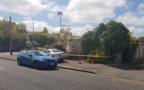 Police at the cordon around the Bath St, Levin, house on Monday morning,
