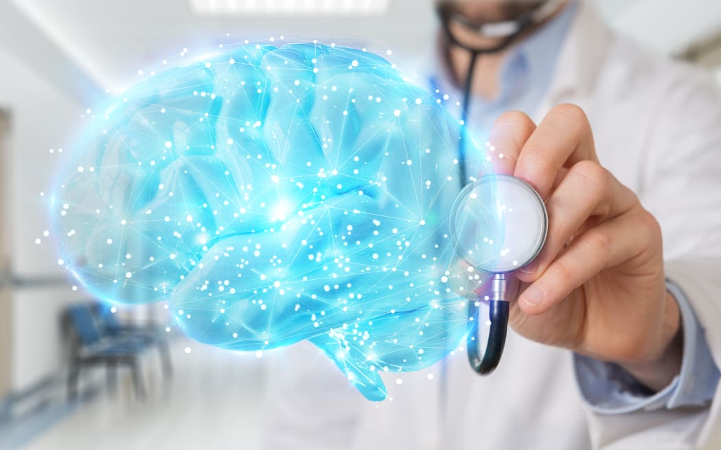 Doctor on blurred background using digital brain scan hologram 3D rendering