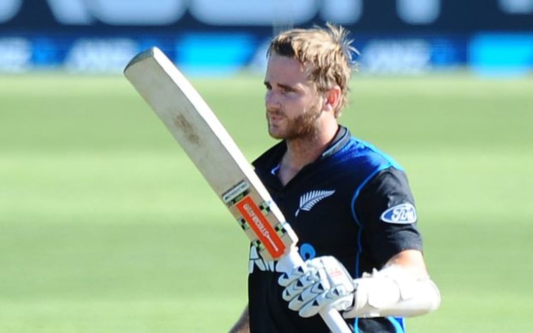 The Black Cap Kane Williamson celebrates his one-day international century against Sri Lanka in Nelson.