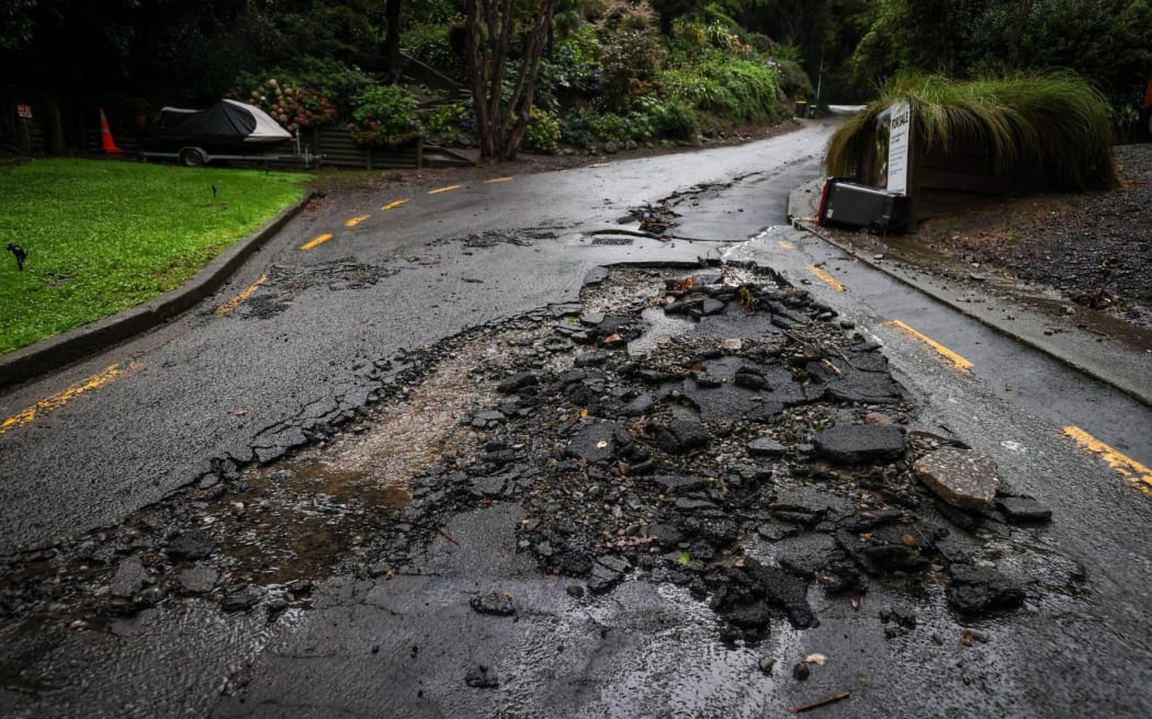 Roads damaged after floods in Akaroa.