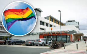 Rotorua Library with an insert of a rainbow flag.
