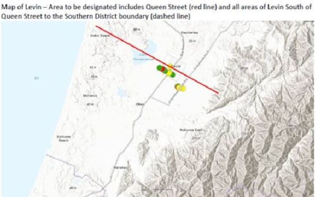 A map shows the area designated under the Building Act for building emergency management after a tornado hit Levin on 20 May 2022.