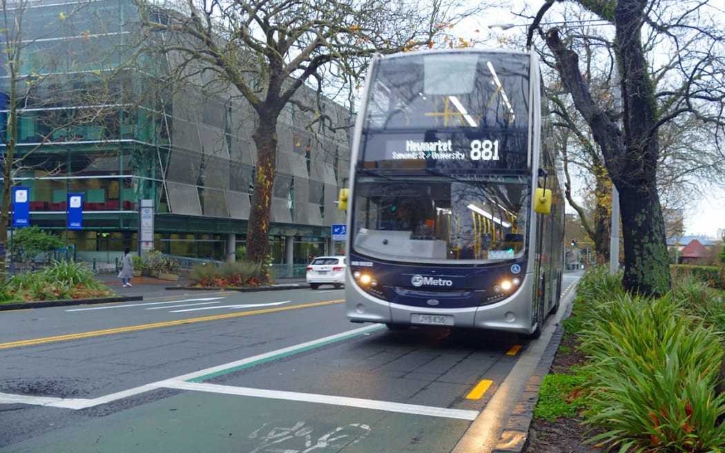 The shared bus and cycle lane on Symonds Street, which runs through the University of Auckland.
