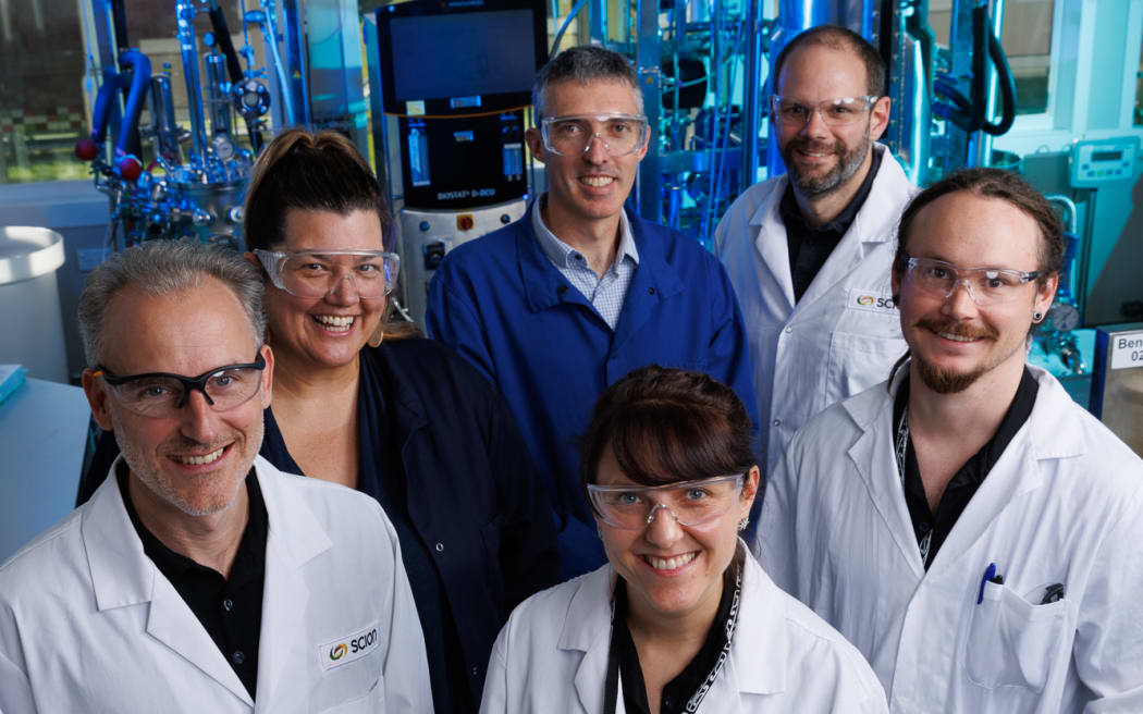 Scion microbial biotech team lead Christophe Collet, Upflow's Andy Blair and Andrew Marsh, and Scion's Marc Gaugler, Tasman van der Woude, and Carla Cronje.
