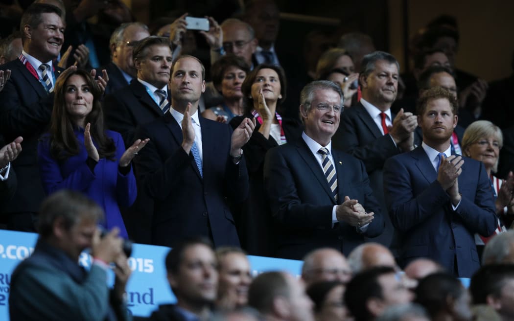 Britain's Catherine, Duchess of Cambridge, Britain's Prince William, Duke of Cambridge, Chairman of World Rugby Bernard Lapasset and Honorary President of England Rugby 2015 Britain's Prince Harry attend the opening ceremony of the 2015 Rugby World Cup.