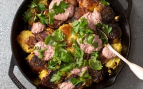 Al Brown's Smashed Griddle Potatoes with Black Olive Mayo & Fresh Herbs