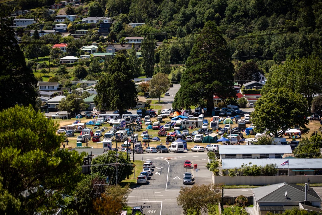 A group of people have been protesting against Covid-19 vaccine mandates at Nelson Square Reserve, Picton, since 7 February.
