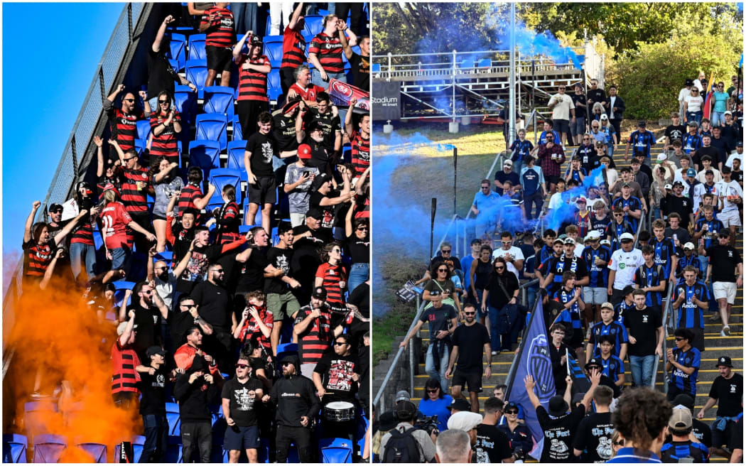 Fans lets off smoke flares at A-League clash between Auckland FC and Western Sydney Wanderers.