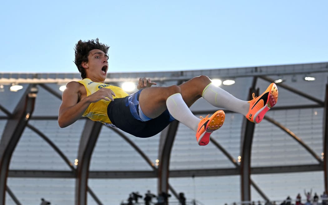 Sweden's Armand Duplantis reacts as he sets a world record in the men's pole vault final during the World Athletics Championships 2022.