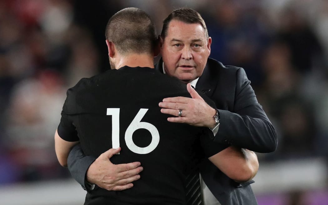 2019 Rugby World Cup Semi-Final, International Stadium Yokohama, Yokohama, Japan 26/10/2019
England vs New Zealand
New Zealand's head coach Steve Hansen with Dane Coles after the game 
Mandatory Credit ©INPHO/Billy Stickland