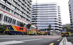 Fire crews at Education House, on the corner of Bowen St and The Terrace, in Wellington.
