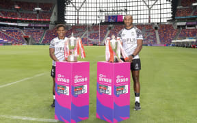Fijiana captain Ilisapeci Delaiwau and Fiji men's captain Jerry Matana at the tournament venue, the new Kai Tak Sports Park before the tournament kicked off. Photo; Fiji Rugby Union