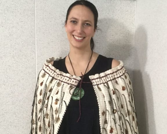Jacinta Ruru, wearing “Rauaroha”, the korowai that is presented every year to the winner of the Supreme Award at the Ako Aotearoa National Tertiary Teaching Excellence Awards.