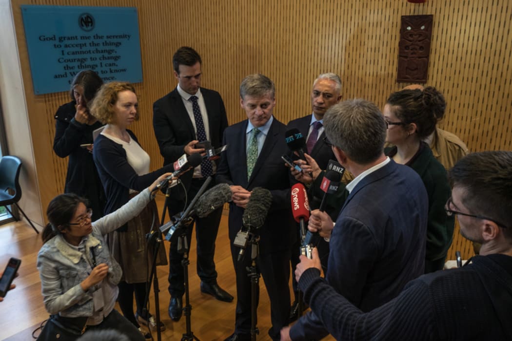 Prime Minister of New Zealand, the Right Honourable Bill English during a stand up with media, after a walk through of a drug rehabilitation centre in Te Atatu today.