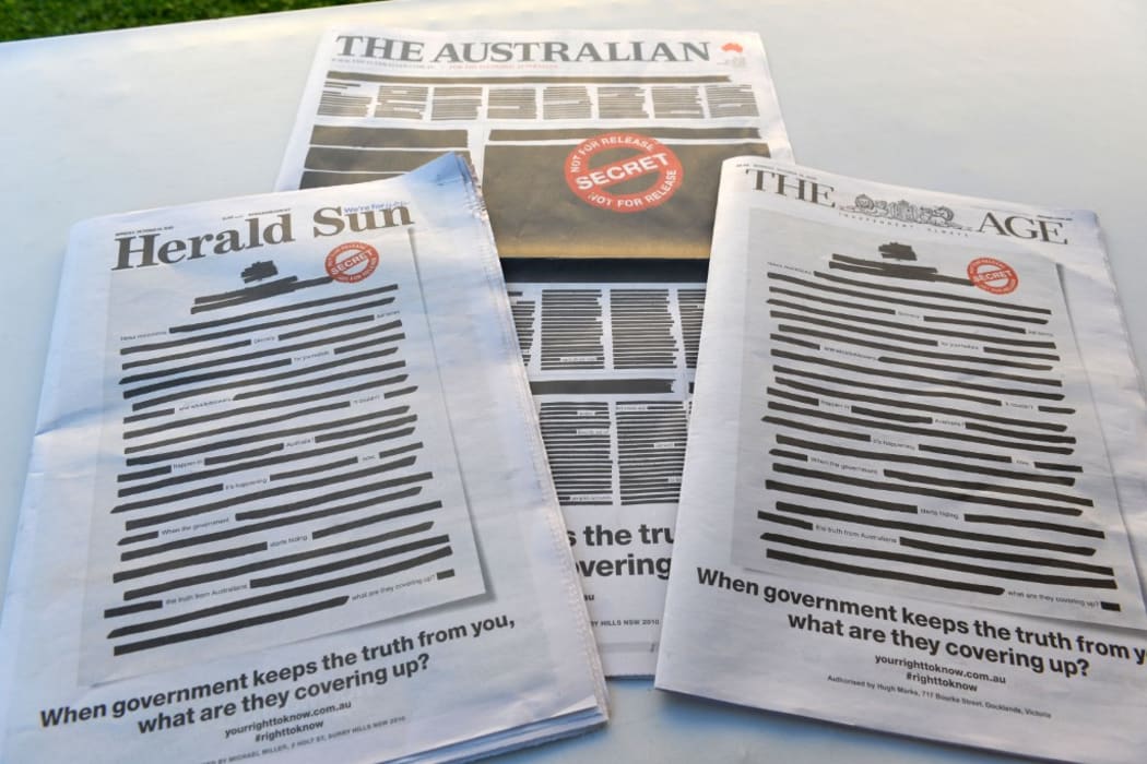 The front pages of The Australian, Herald Sun and The Age newspapers were blacked out on Oct 21 as part of a protest against media restrictions.