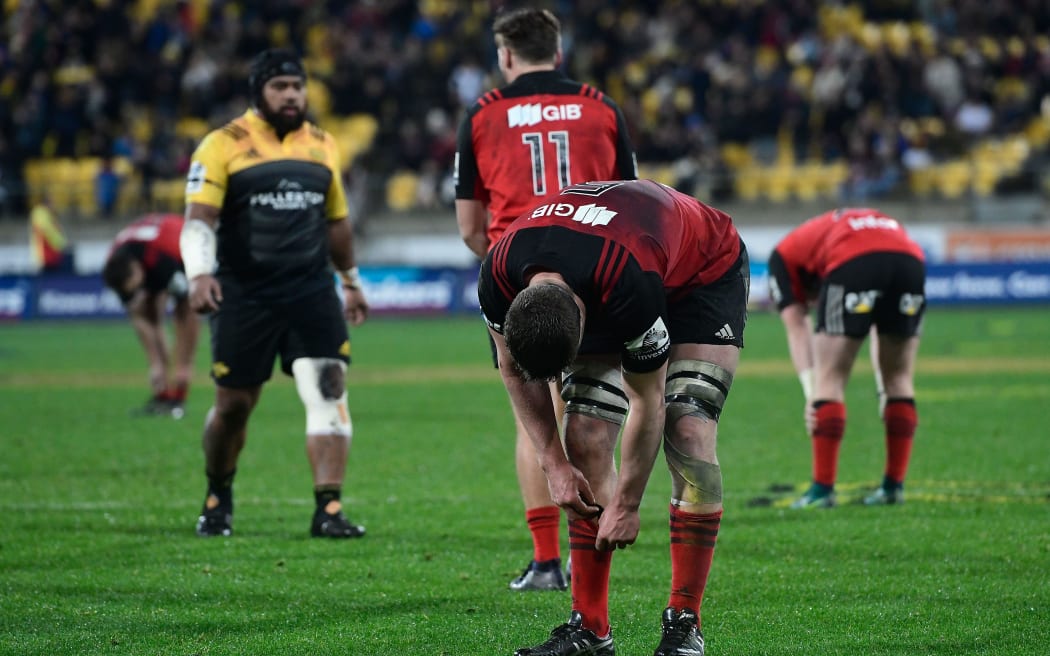 Crusaders lock Scott Barrett stands dejected following their final round loss to the Hurricanes in Super Rugby.