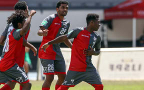 New Caledonia celebrate scoring the only goal of their OFC U-19 Championship 2022 quarter-final v Solomon Islands.