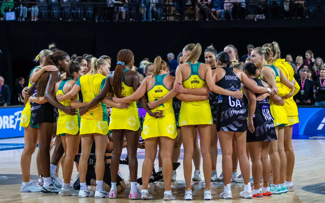 Teams huddle after the Constellation Cup netball series - game one between the New Zealand Silver Ferns and the Australian Diamonds at Spark Arena in Auckland, New Zealand on Wednesday October 12, 2022. Copyright photo: Aaron Gillions / www.photosport.nz