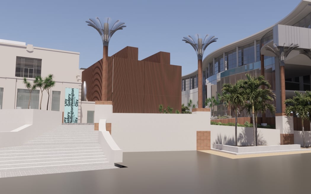 Architecture sketch of the library and city art gallery with huge mock up of sculpture in between