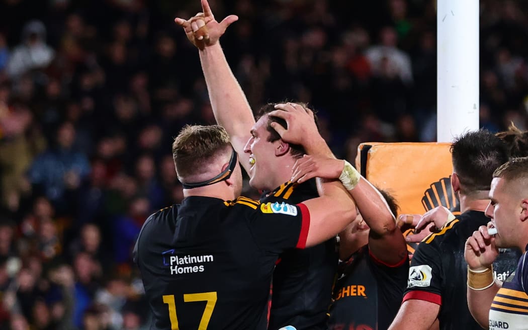 Brodie Retallick of the Chiefs celebrates his match-securing try in the Super Rugby Pacific semi-final match against the Brumbies at FMG Stadium in Hamilton.