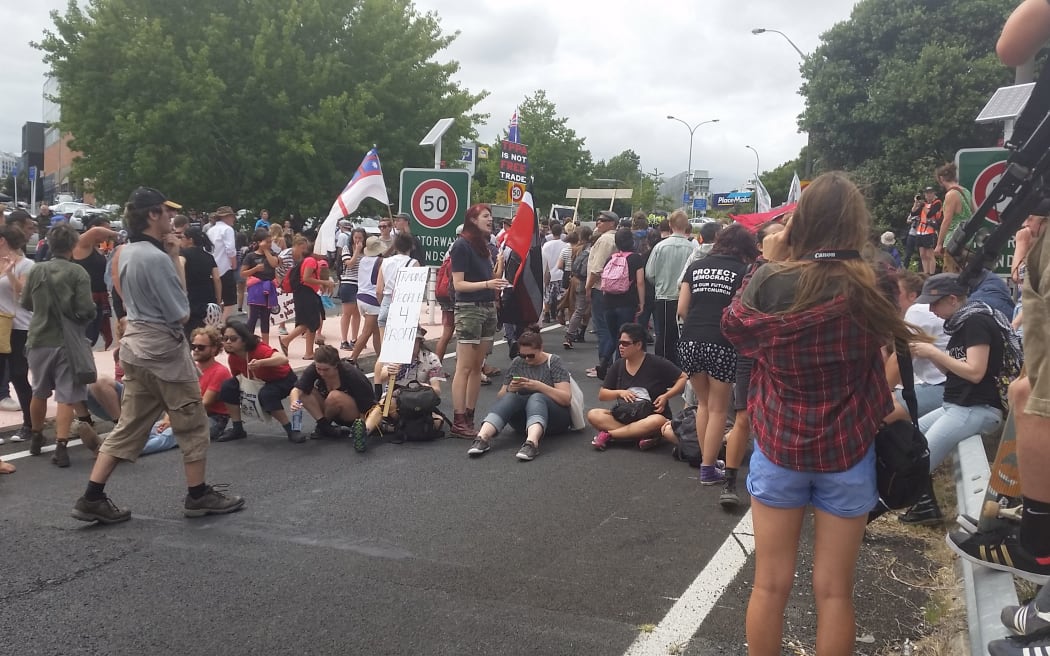 TPP protesters near the Cook Street onramp