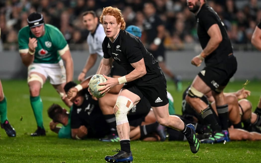 All Blacks halfback Finlay Christie in action against Ireland 2022.