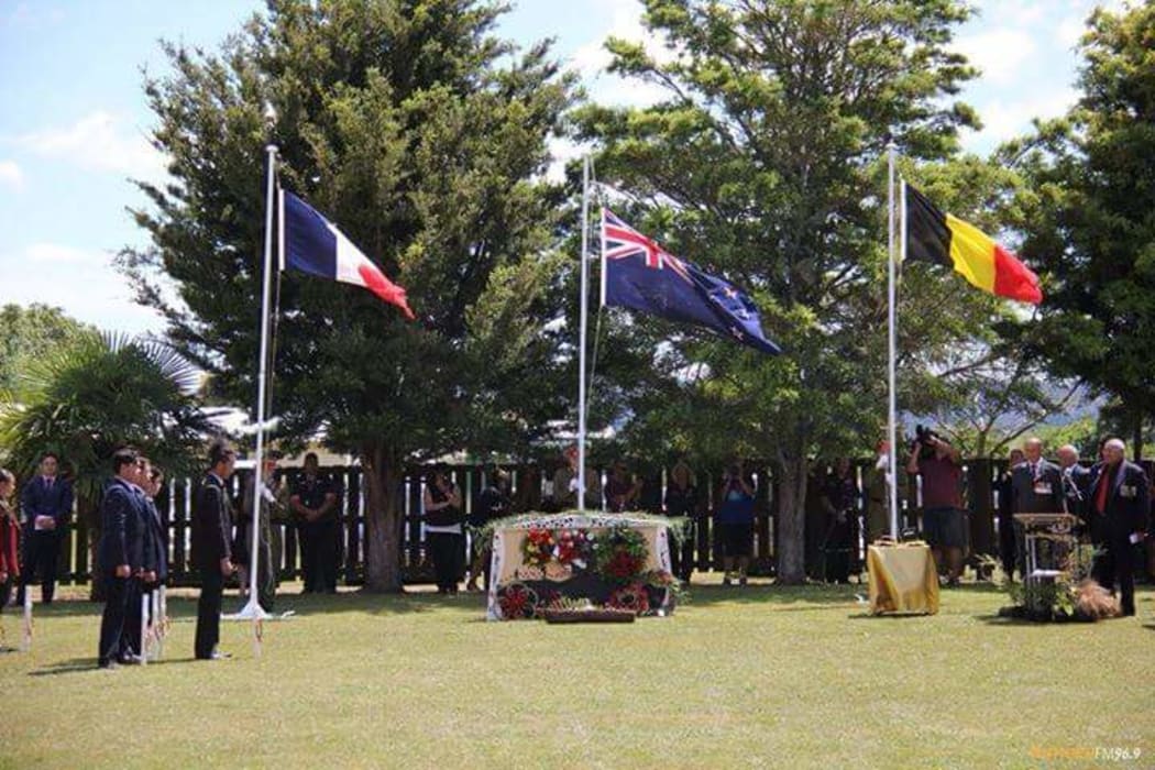The French, New Zealand and Belgian flags at Rewarewa Marae to commemorate the first Armistice Day in the Tuhoe rohe.