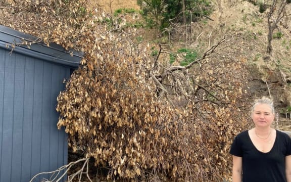 Muriwai resident Kat Corbett stands beneath the slip above her red-stickered house.