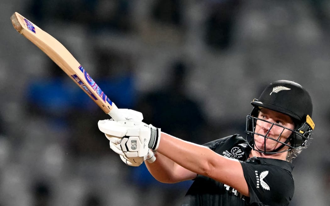 New Zealand's Brooke Halliday hits out against India at the Cricket World Cup.