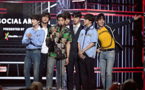 BTS accepts an award onstage during the 2018 Billboard Music Awards in Las Vegas.