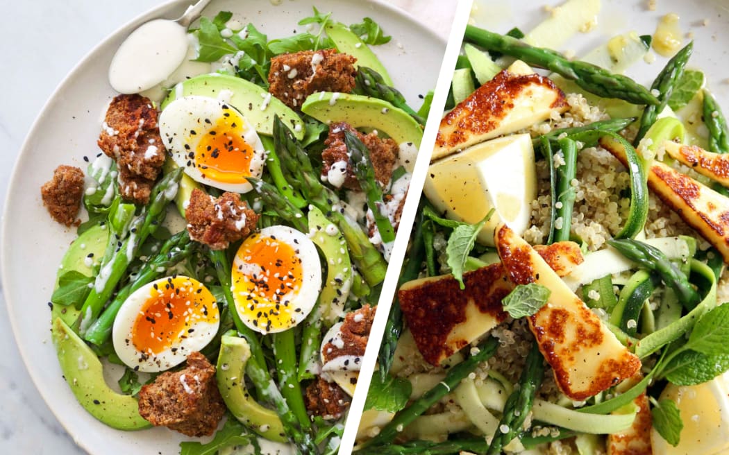 Asparagus avocado salad (L) and asparagus halloumi salad (R)