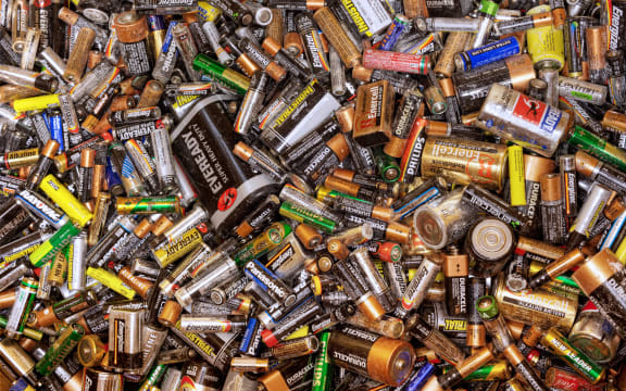 Many dead batteries gathered for recycling.