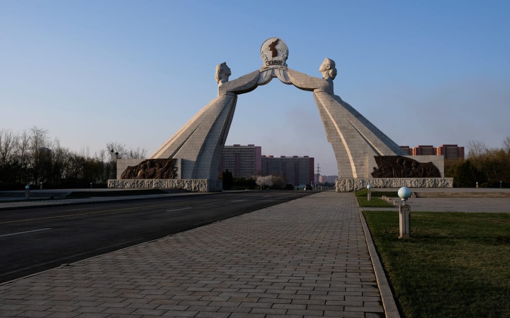 The Arch of Reunification, situated in south Pyongyang, was unveiled in 2001 to commemorate reunification proposals with South Korea by former president Kim Il-sung. Photo taken on April 16 2018.