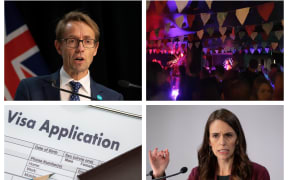 From top left, Dr Ashley Bloomfield, Whammy bar - a music venue struggling during due to Covid-19, Jacinda Ardern, and a visa application - Immigration NZ is today reported to be in disarray due to working from home issues.